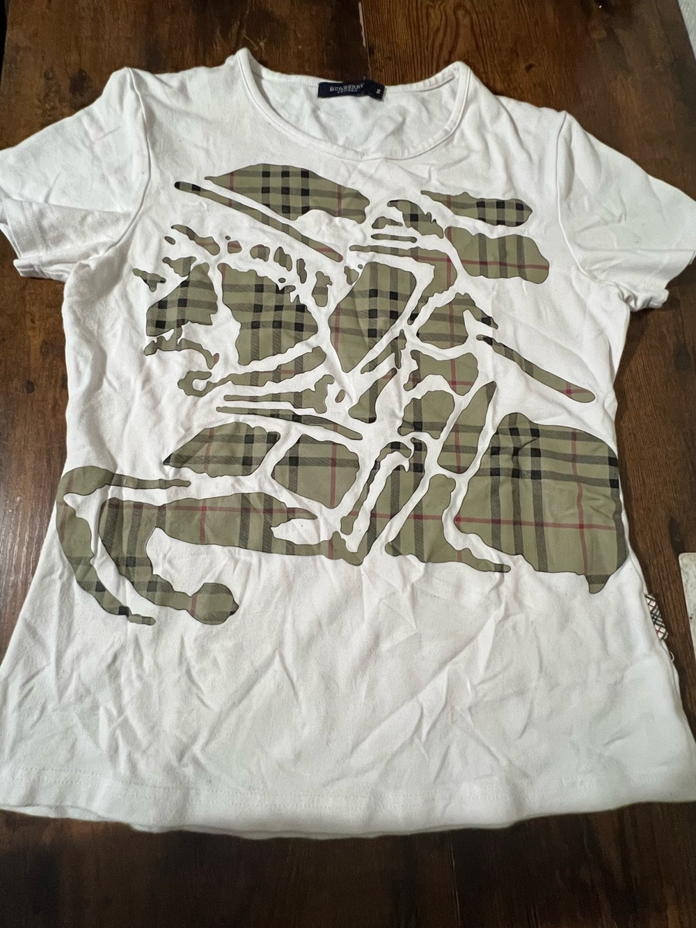 Burberry White Short Sleeve Tee with Olive Check Graphic